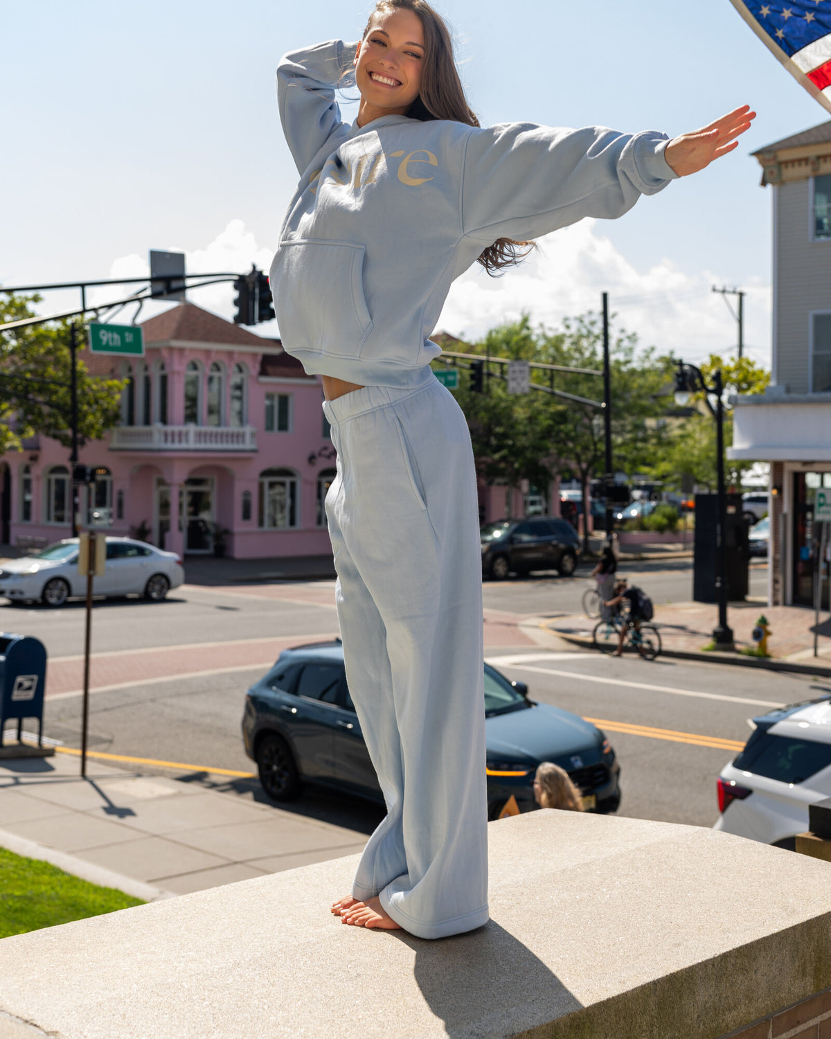 Offsure Print Pullover in Baby Blue, worn on the shoot
