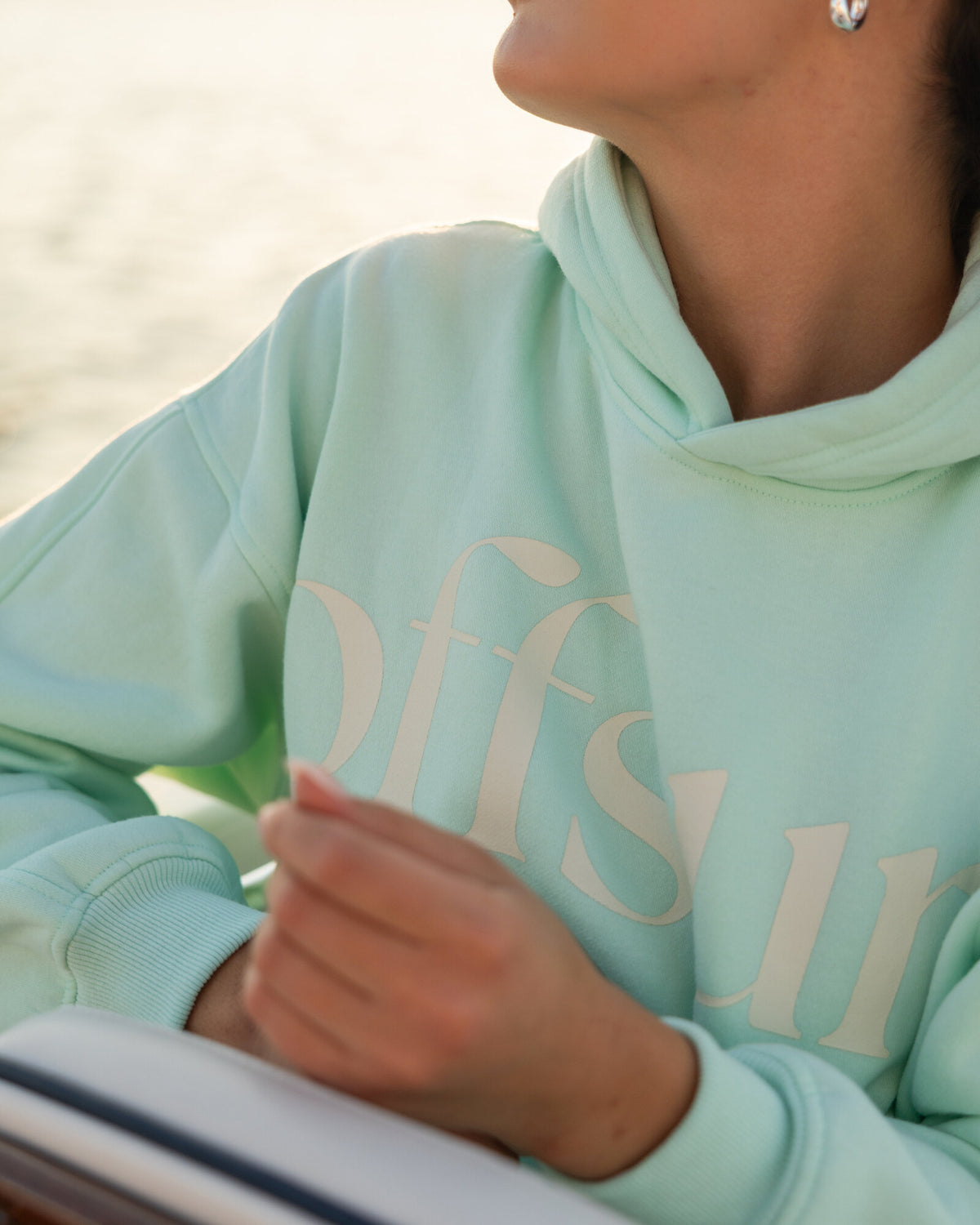 Offsure Print Pullover in Sea Glass, worn on the shoot