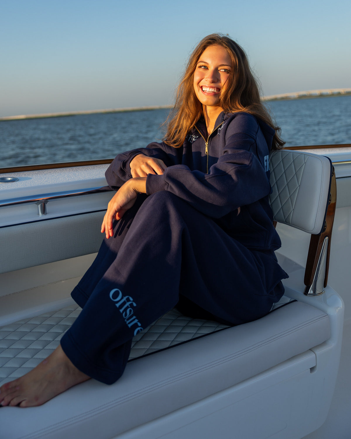 Offsure Wide-Leg Graphic Pant in Navy Coast, worn on the shoot