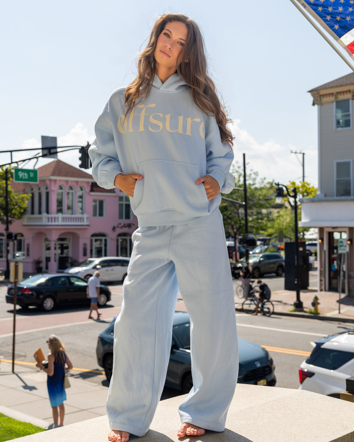 Offsure Print Pullover in Baby Blue, worn on the shoot