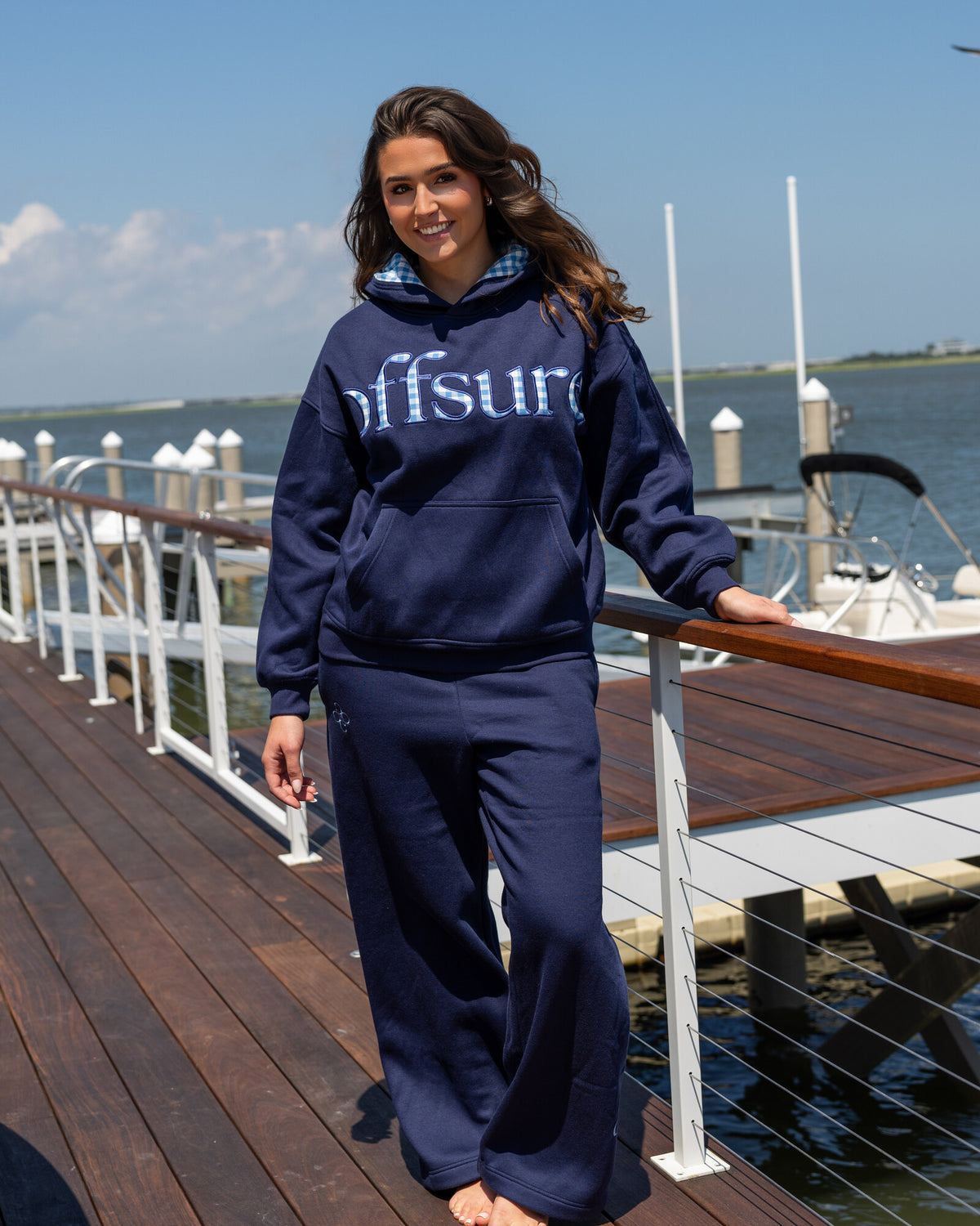 Offsure Patch Pullover in Navy Coast, worn on the shoot