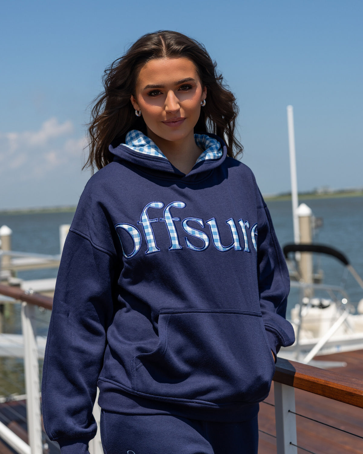 Offsure Patch Pullover in Navy Coast, worn on the shoot