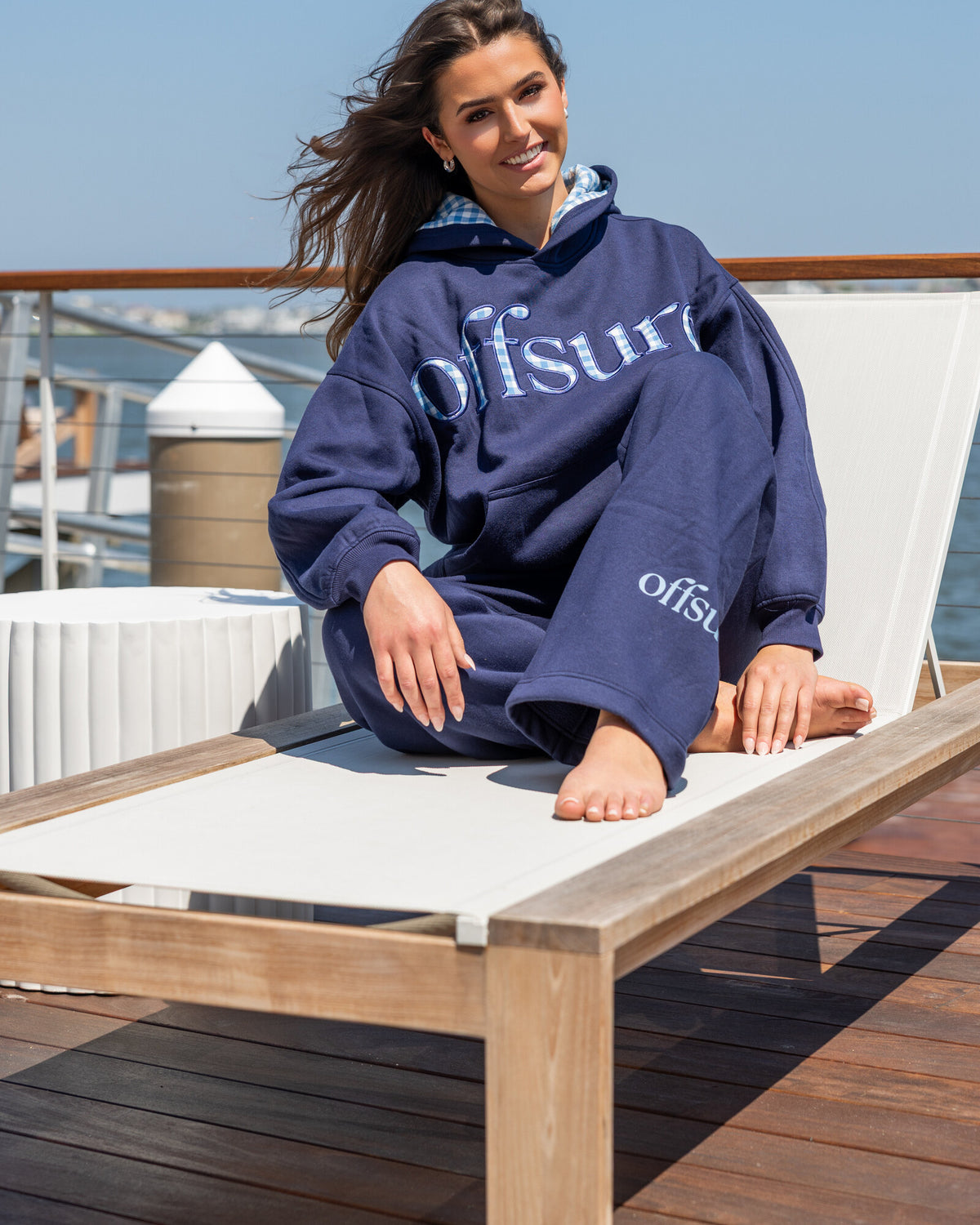 Offsure Patch Pullover in Navy Coast, worn on the shoot