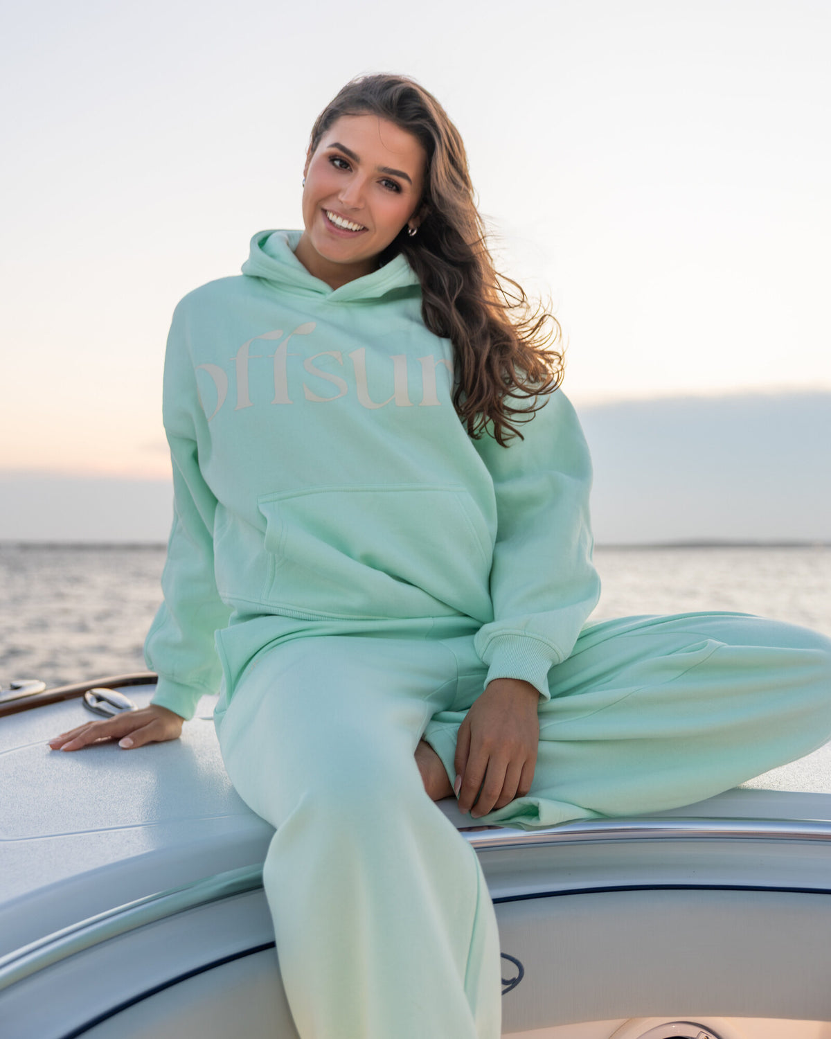 Offsure Print Pullover in Sea Glass, worn on the shoot