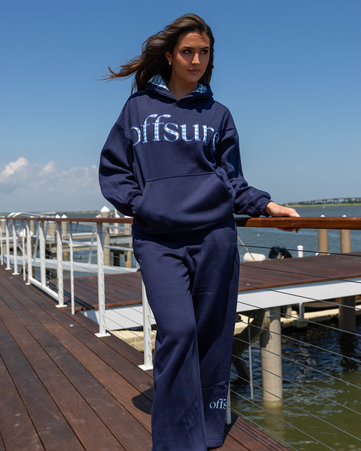Offsure Patch Pullover in Navy Coast, worn on the shoot