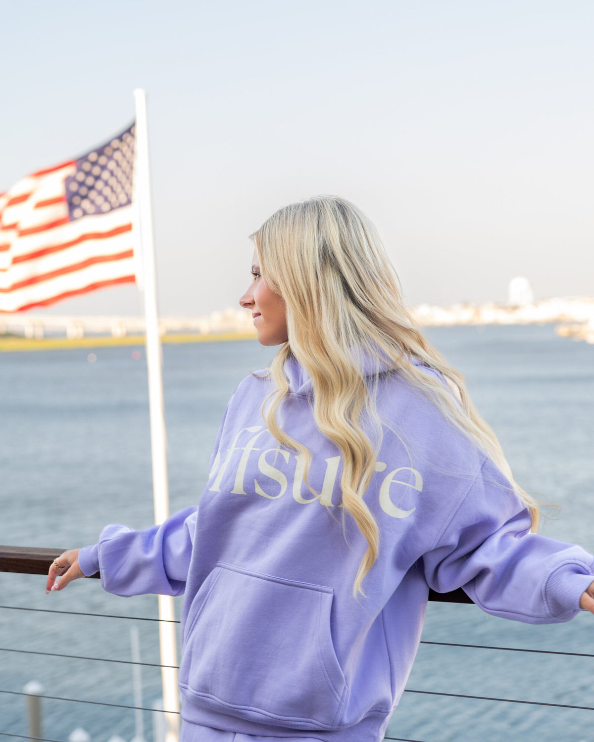 Offsure Print Pullover in Light Purple, worn on the shoot