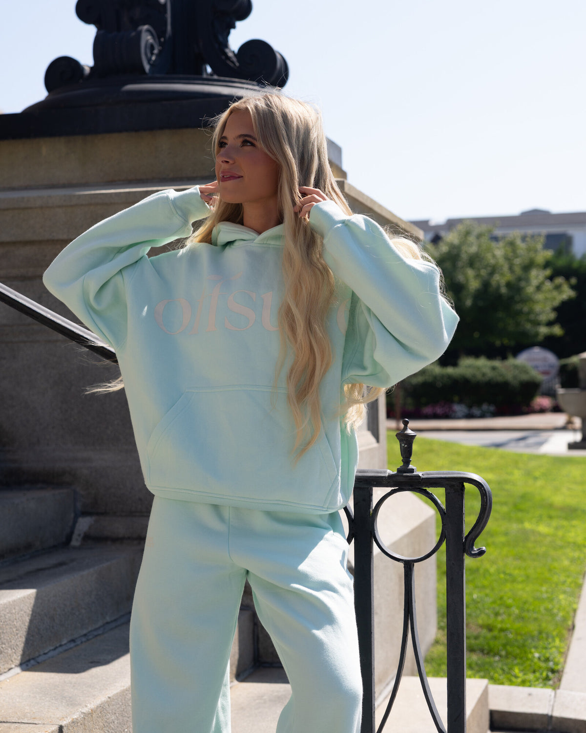 Offsure Print Pullover and Wide-Leg Pant in Sea Glass, front view with hands near the hood