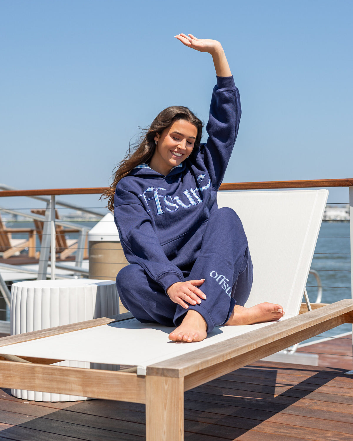 Offsure Patch Pullover in Navy Coast, worn on the shoot