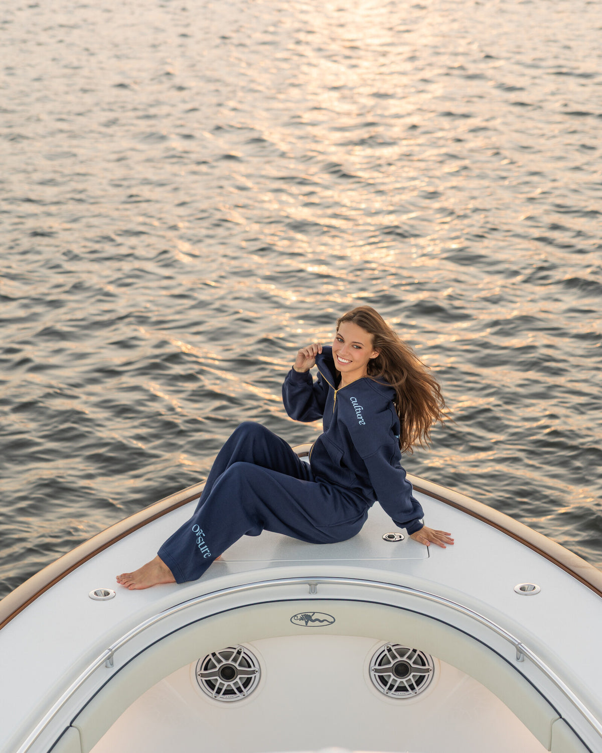Offsure Wide-Leg Graphic Pant in Navy Coast, worn on the shoot