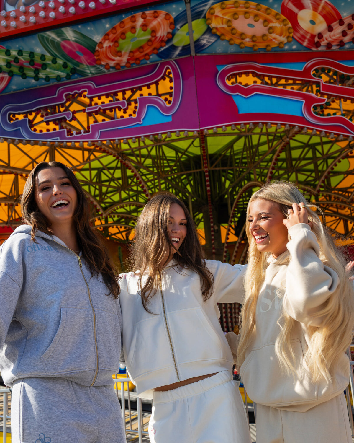 Offsure Wide-Leg Graphic Pant in White Beach, three friends at the carousel