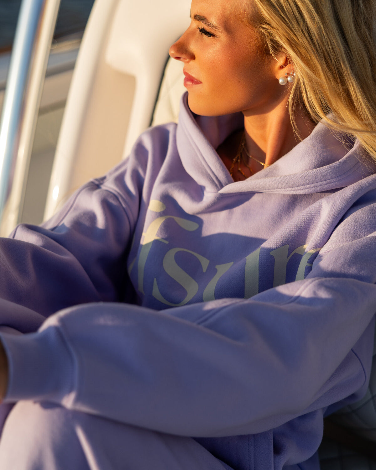 Offsure Print Pullover in Light Purple, worn on the shoot