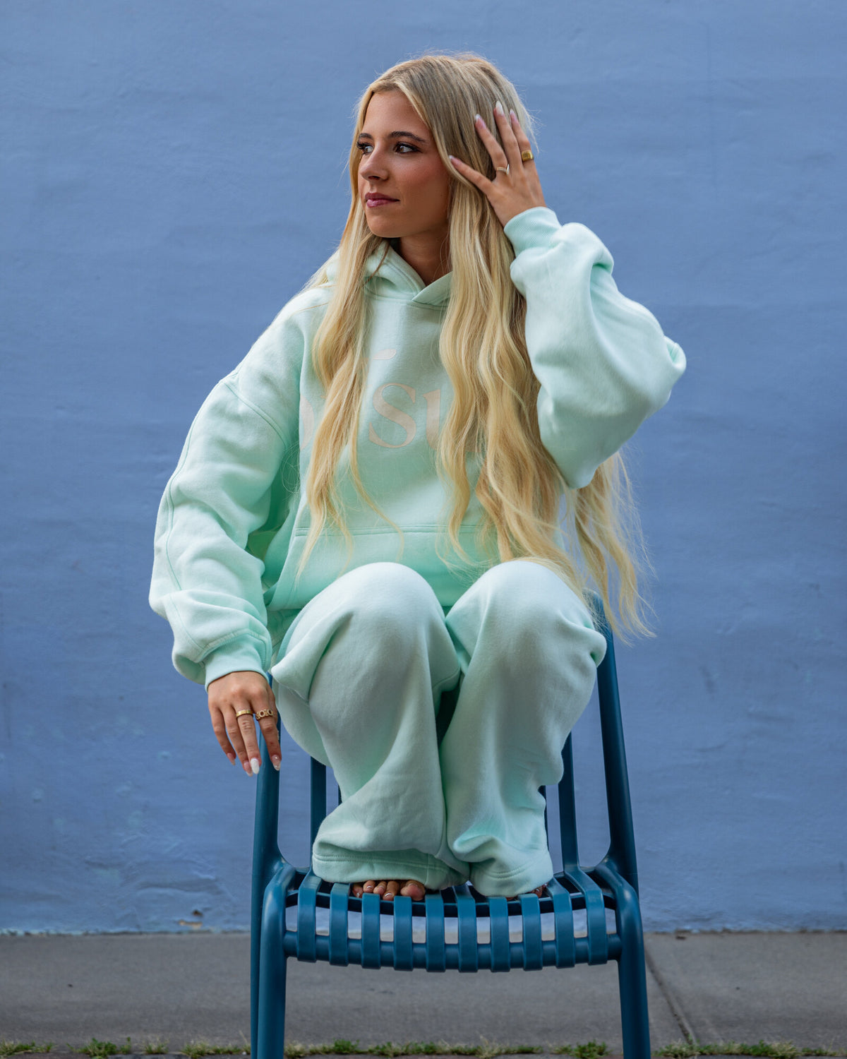 Offsure Print Pullover in Sea Glass, worn on the shoot