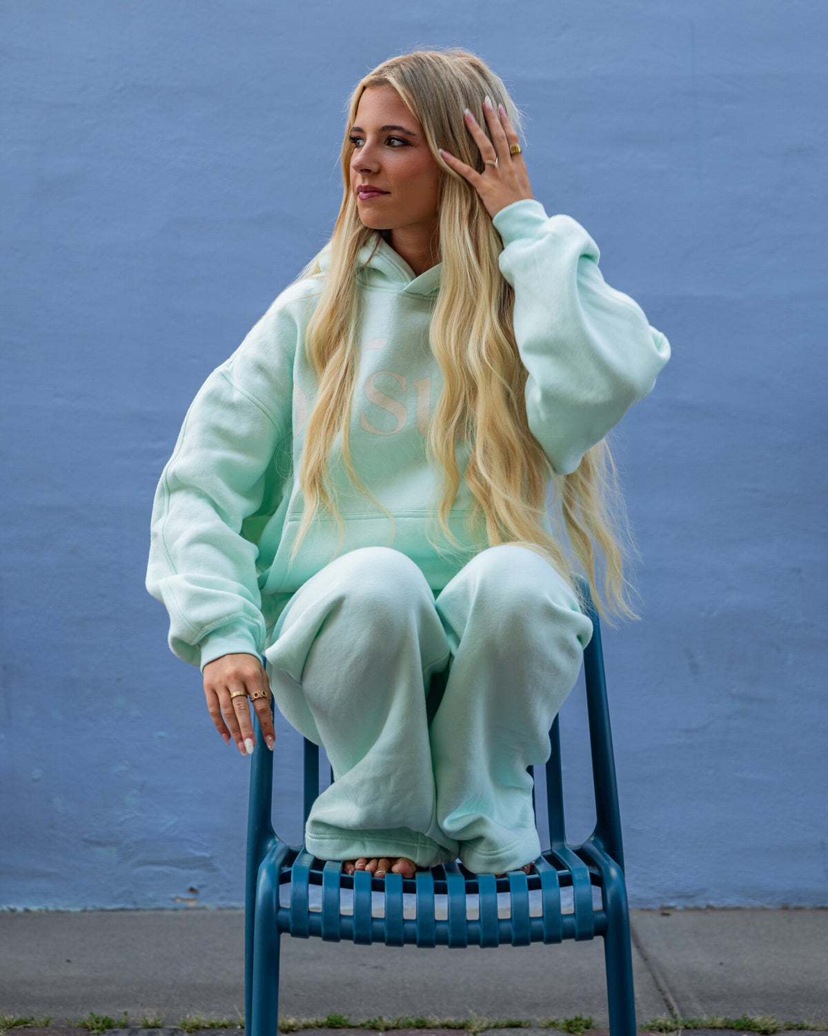 Offsure Wide-Leg Pant in Sea Glass, worn on the shoot