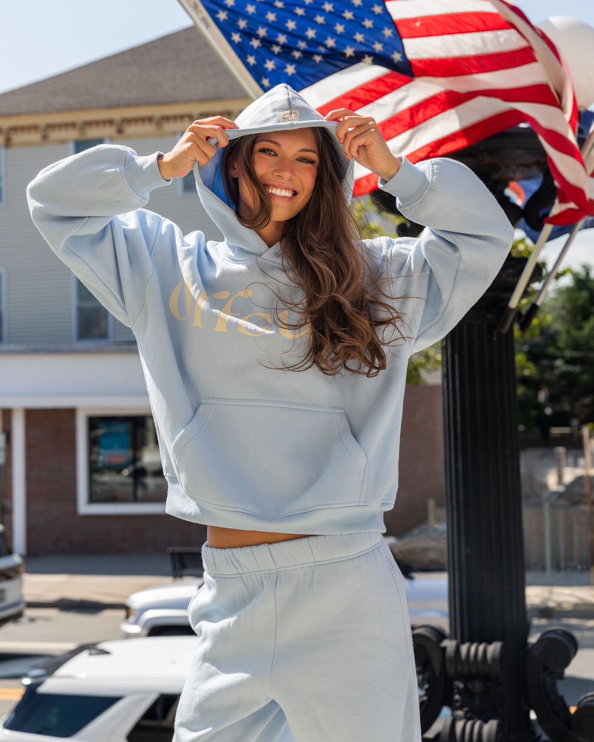 Offsure Print Pullover in Baby Blue, worn on the shoot