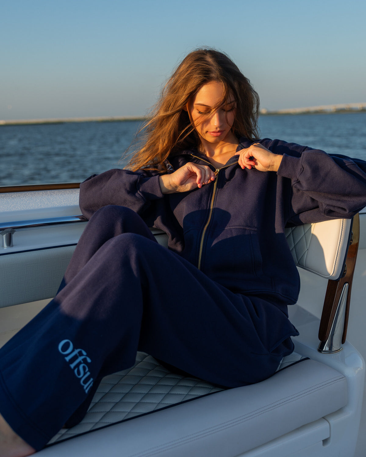 Offsure Full-Zip Hoodie in Navy Coast, worn on the shoot