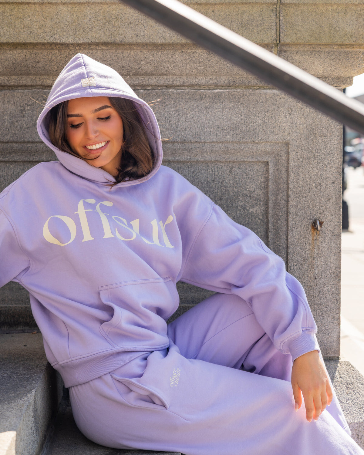 Offsure Wide-Leg Pant in Light Purple, worn on the shoot