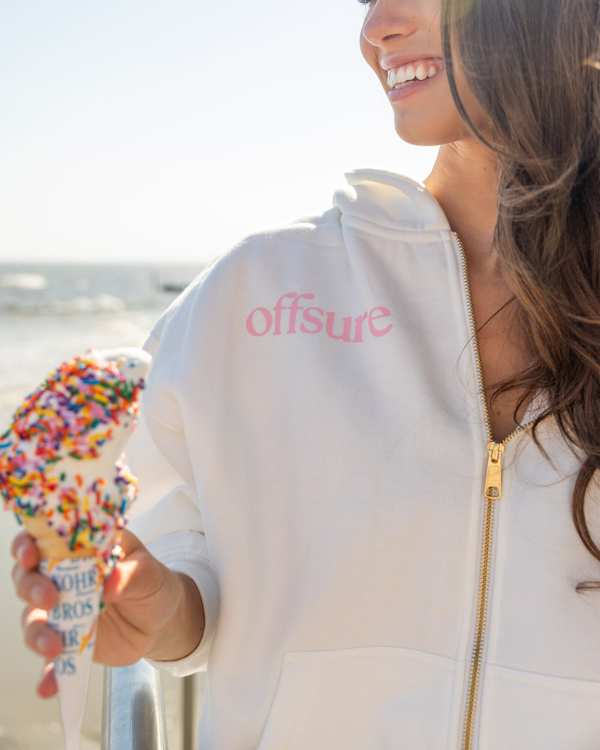 Offsure Full-Zip Hoodie in White Beach, worn on the shoot