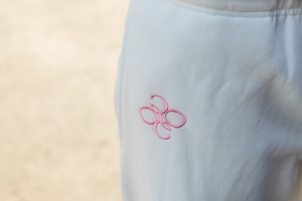 The embroidered patch, close up, on White Beach fleece