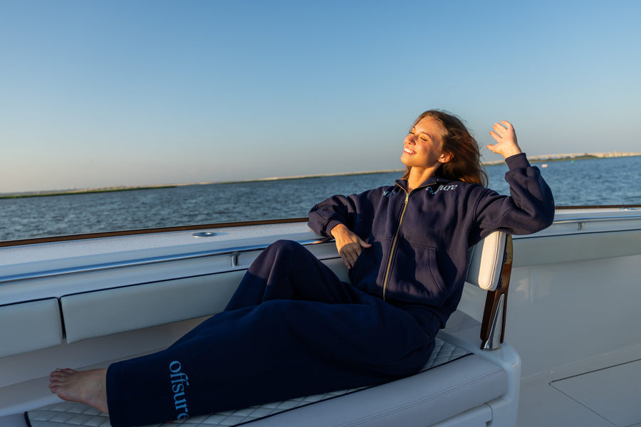 Offsure Wide-Leg Graphic Pant in Navy Coast on the boat