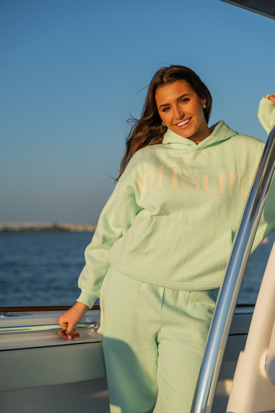 Offsure Print Pullover in Sea Glass, at the boat rail